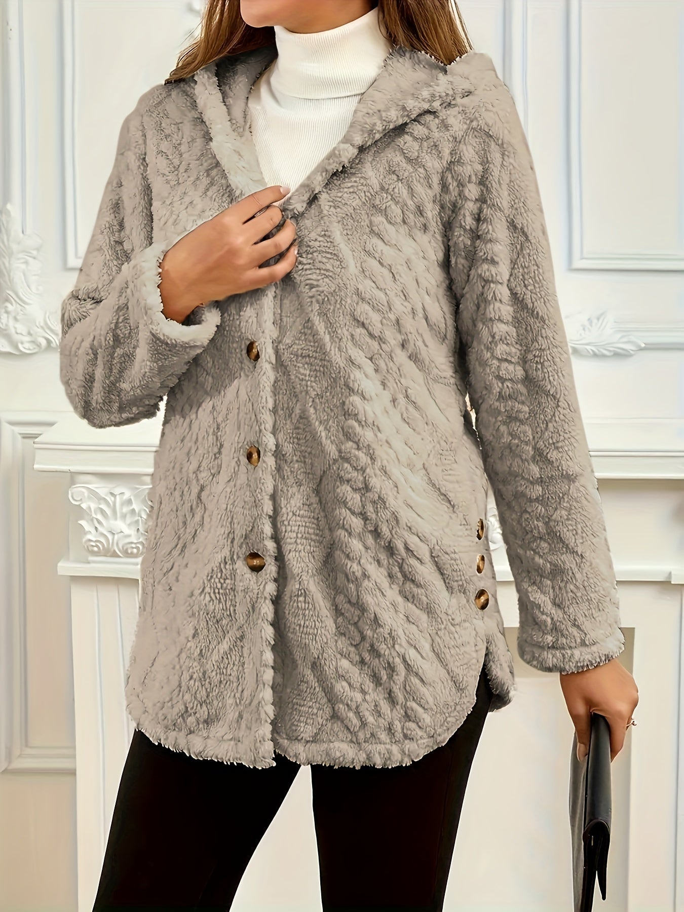 Elegant Pink Faux Fur Coat for Women - Chic Button-Front Hooded Jacket with Sleek Collar, Long Sleeves, and Ribbed Detailing - Perfect for Fall & Winter, Hand or Dry Clean Only