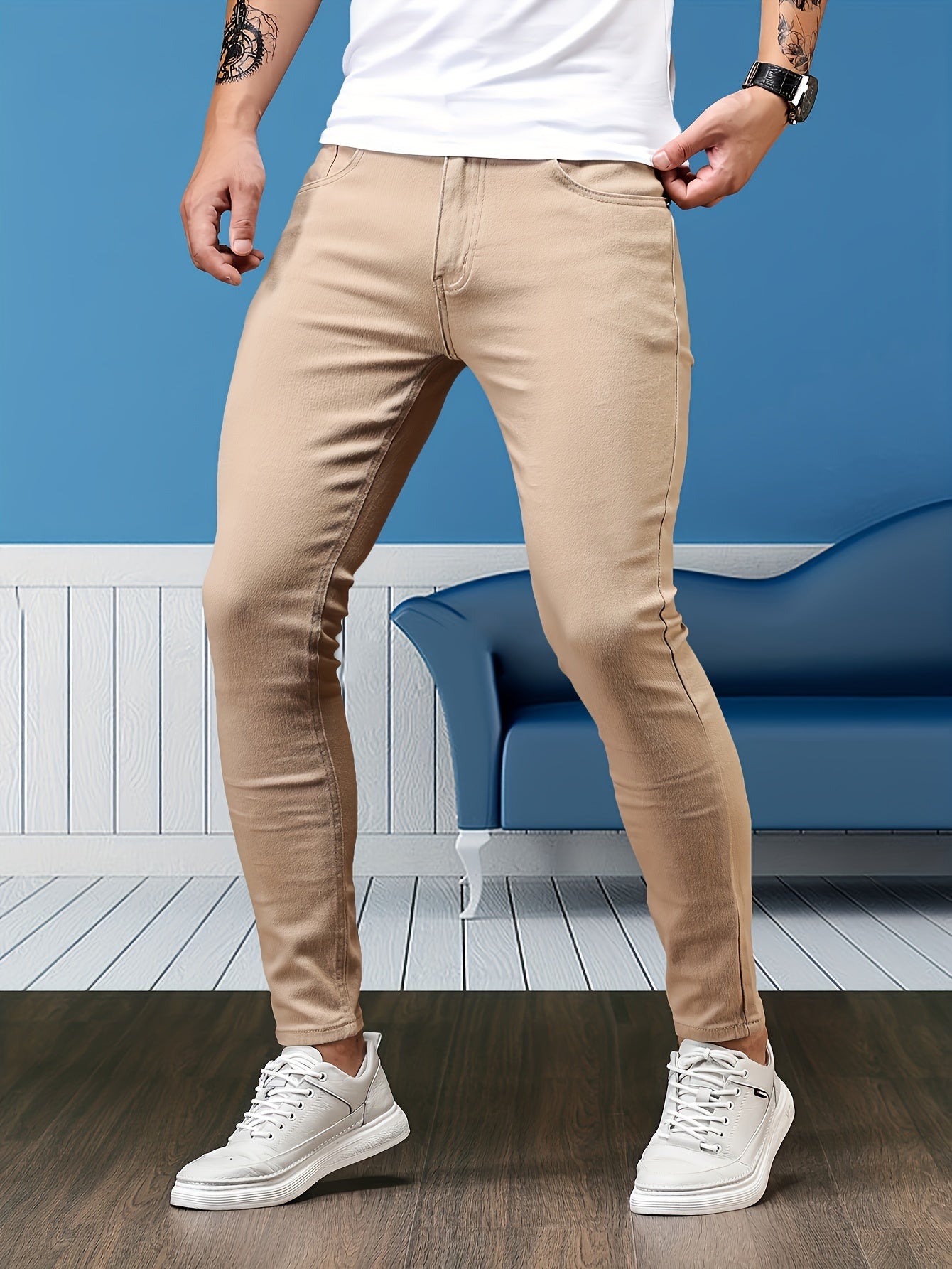 Slim Fit Chic Jeans, Men's Casual Street Style All Match Stretch Denim Pants With Pockets