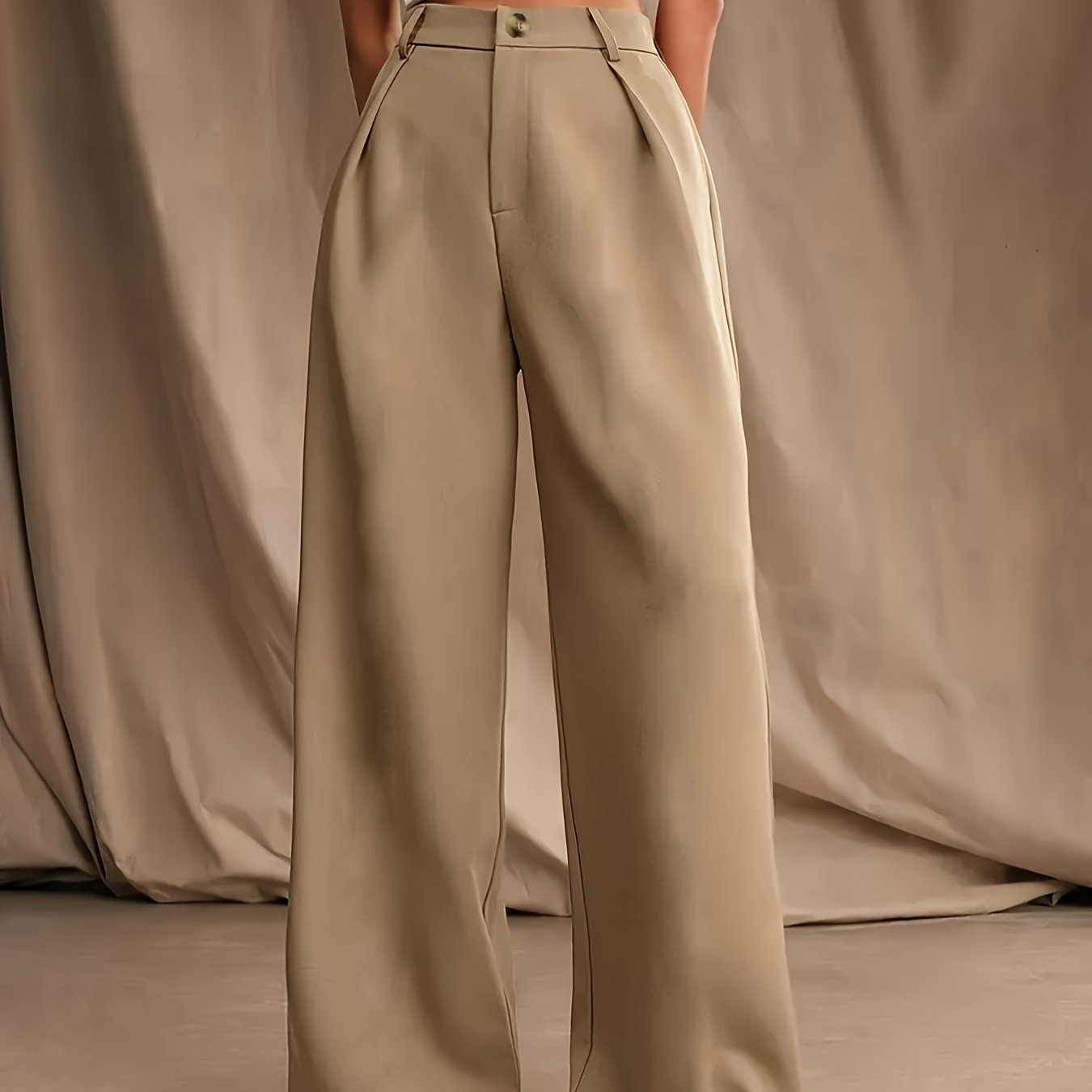Women's Plus Size Elegant Straight-Leg Pants - High-Rise Beige Polyester Blend with Button Details, Non-Stretch & Smooth Fabric for Spring/Summer, Spring Summer Wear | Buttondown Front | Tailored Fit, Cute Pants