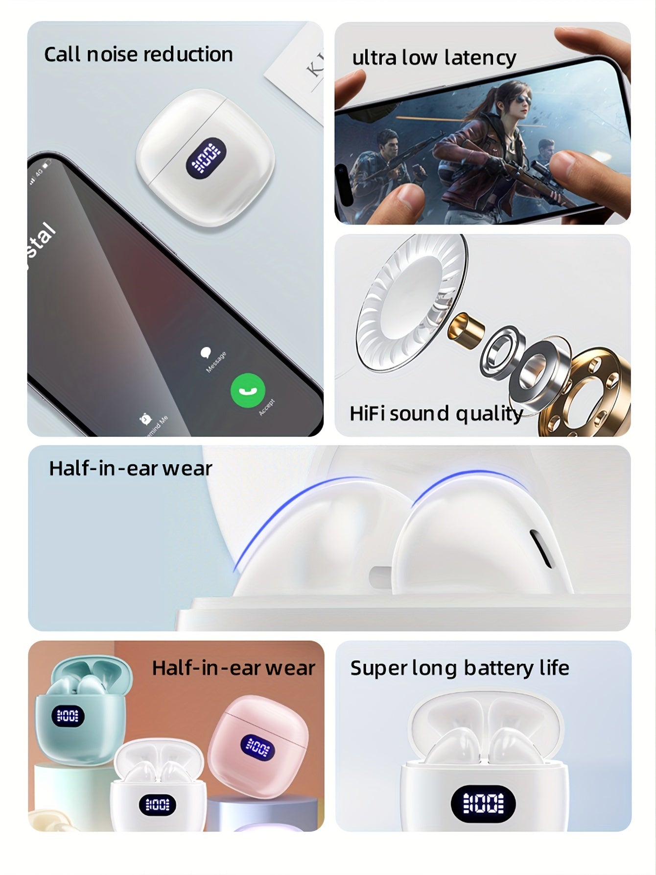 Նոր Style True Wireless ականջի մեջ սպորտային երաժշտության ականջակալ մինի ականջակալներ TWS HIFI bass HD զանգահարող ստերեո ականջակալներ Android-ի համար iPhone-ի համար Բջջային հեռախոսի խաղերի ականջակալներ խելացի ականջակալներ