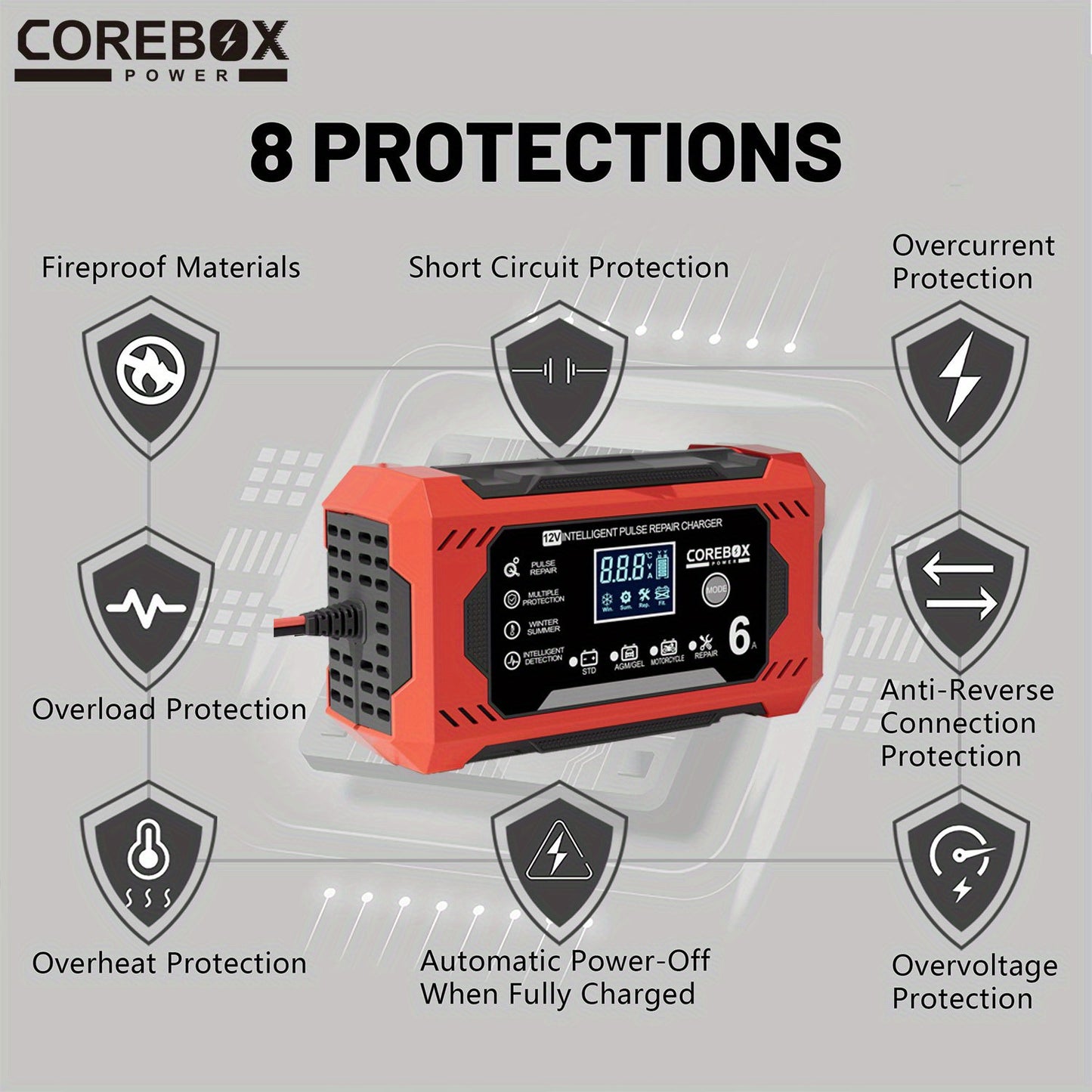 COREBOX EU Plug 12V 6A Smart Battery Trickle Charger 12V Battery Maintainer Battery Charger with LCD Display for Car Truck Motorcycle Lawn Mower Marine Lead Acid Charge, Without Battery