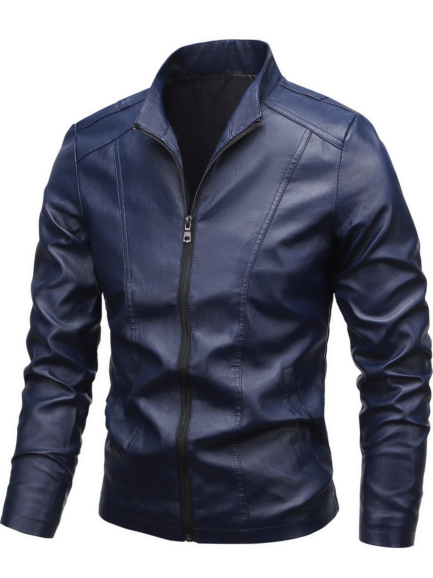 Men'S Casual Jacket - Stand Collar Zip-Up Long Sleeve - 100% Polyurethane, Solid Color, Non-Stretch Woven Fabric, Regular Fit with Functional Pockets for Daily Wear