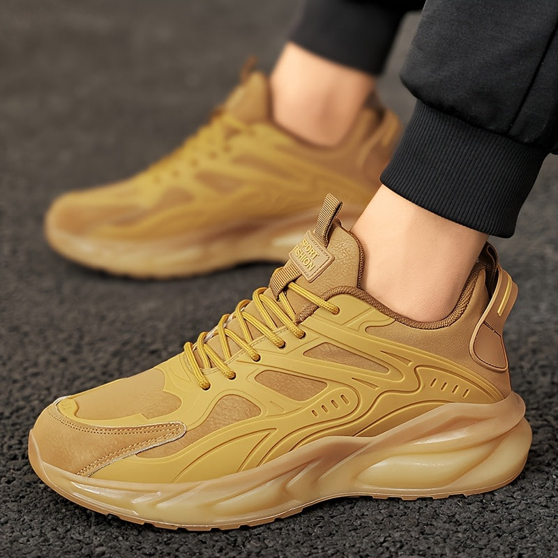 Men's Casual Sneakers - Breathable Low-Top Lace-Up Design, Durable PU Upper Cushioned PVC Sole for All-Season Comfort - Black with Yellow Accents - Ideal for Running, Hiking, Daily Wear, Hiking Footwear, Stylish Contrast Ac
