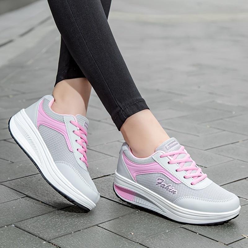 Women's Breathable Mesh Platform Sneakers, Casual Lace Up Outdoor Shoes, Comfortable Low Top Shoes Plus Size