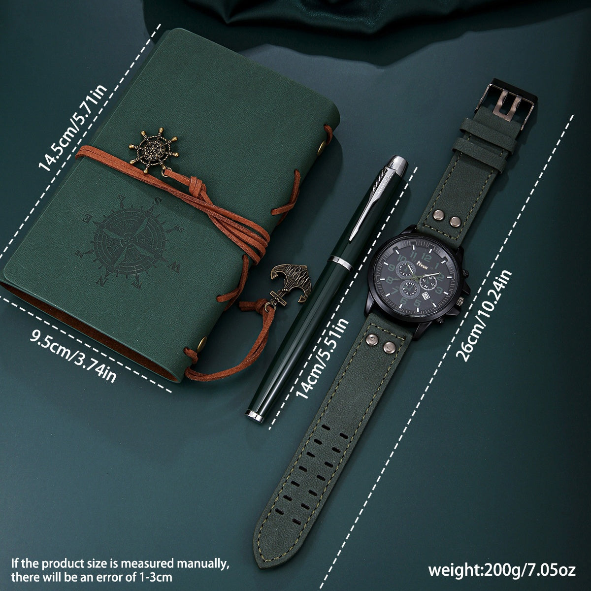 3pcs HIKUN Men's Military Green Watch & Notebook & Pen Gift Set - Military-Themed Analog Wristwatch with Quartz Movement, Pen for Outdoor, Journaling - Ideal for Christmas, Birthday Gifts for Him, Boyfriend, Dad (Durable Pen)
