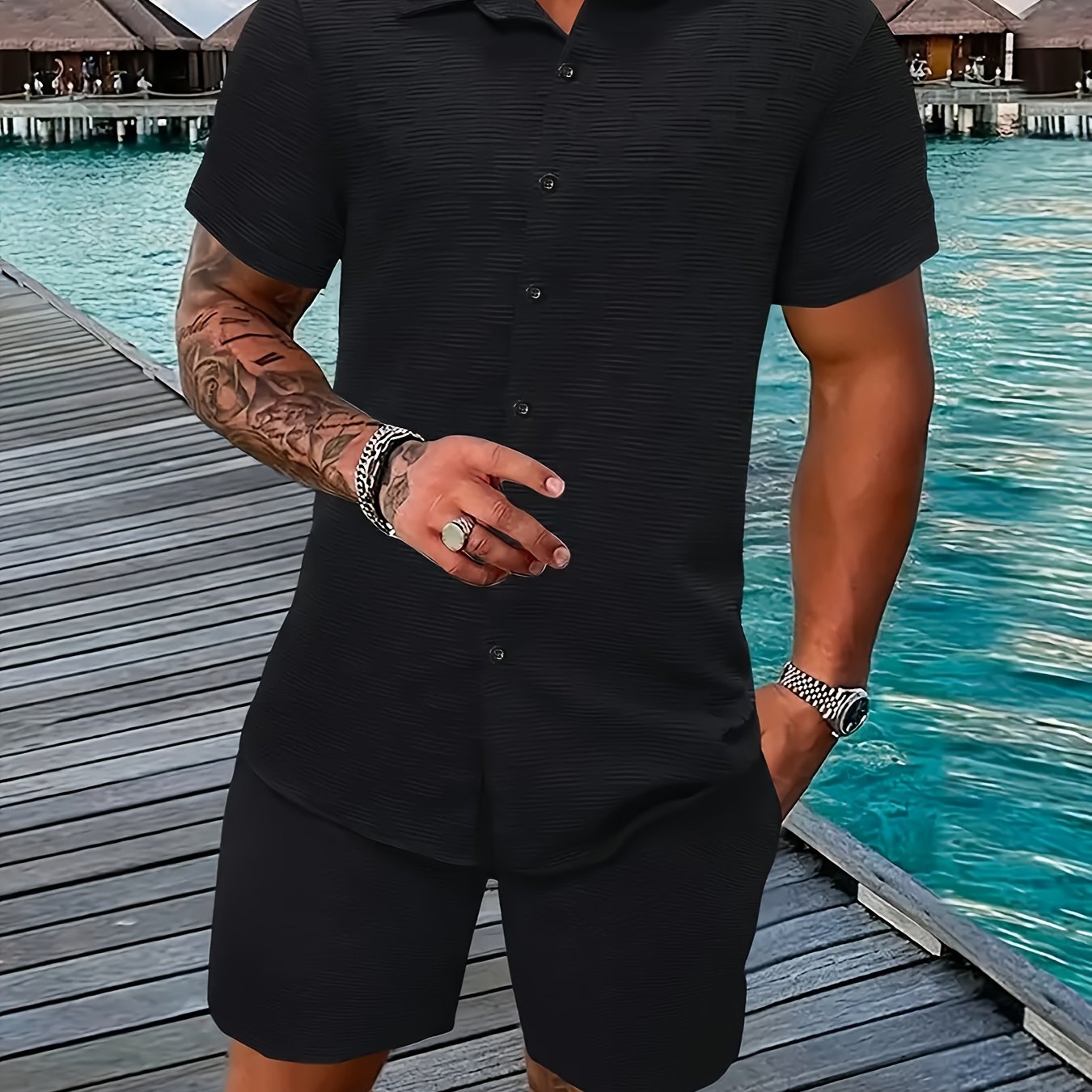 Men's Outfit, Checkered Print Lapel Short Sleeve Button Up Shirt & Shorts 2pcs co ord set for Outdoor Activities