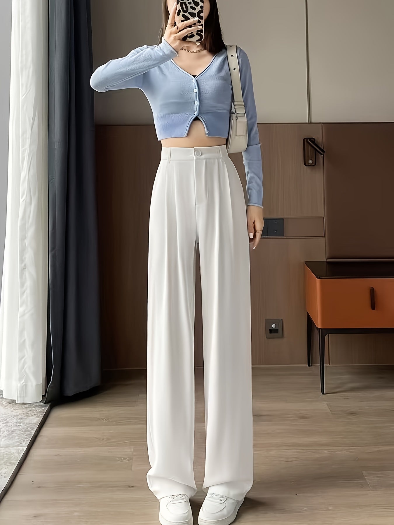 Women'S Elegant Solid Color Straight Leg Pants, Breathable, Comfortable, Fashion Commuter, Polyester, Elastic Waist, Loose Contour, 250g/㎡, for Adult, Spring/Summer/Fall