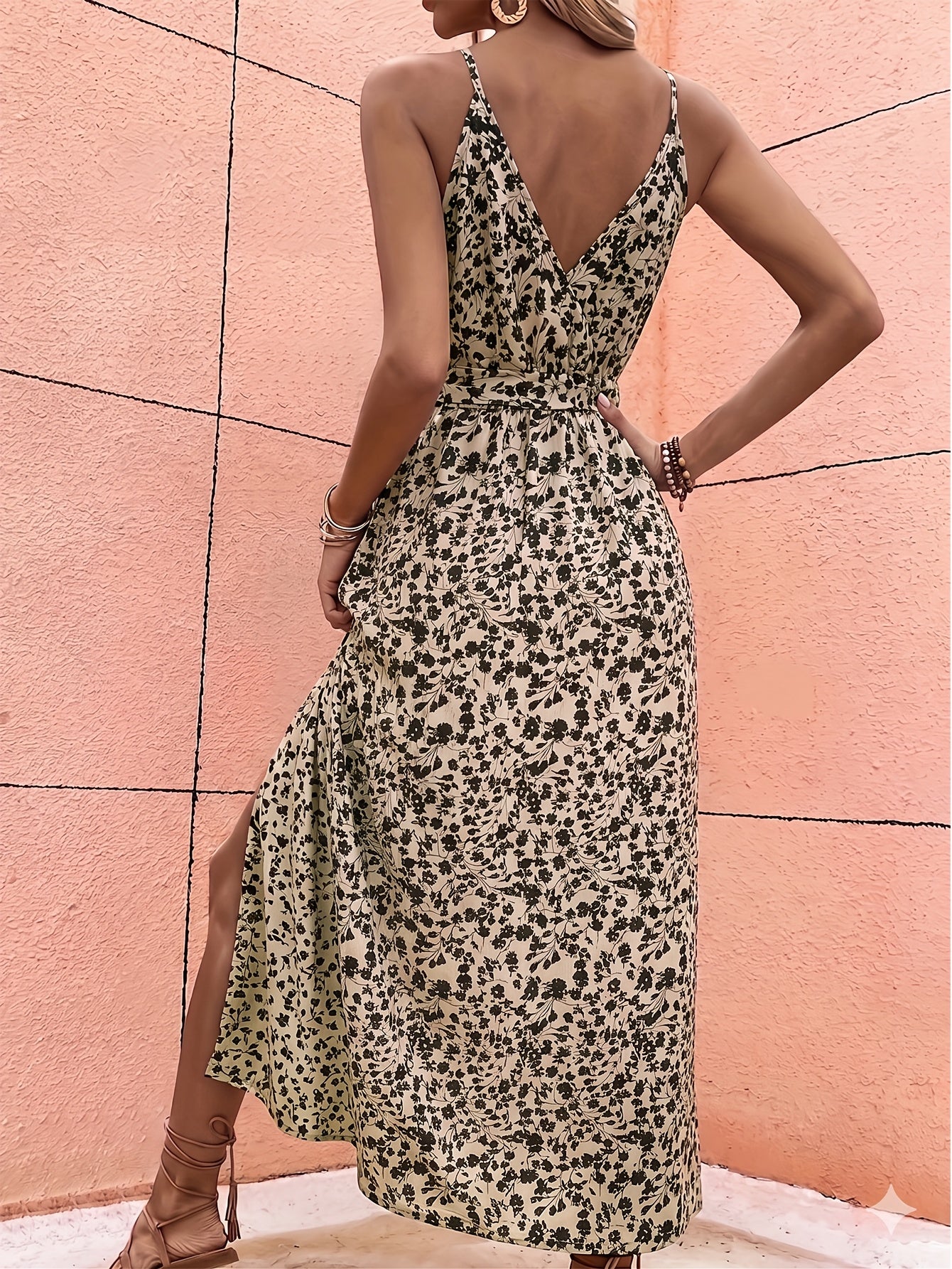 Women's Summer Floral Slingback Dress with V-Neck Slit
