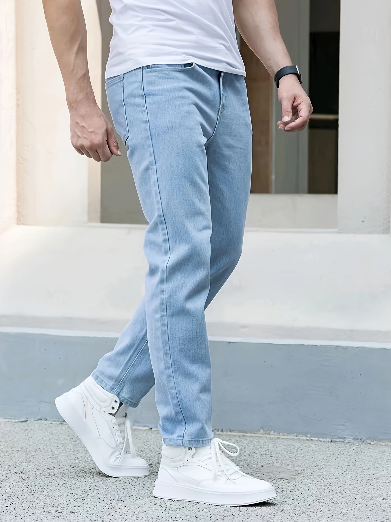 Տղամարդկանց Slim Fit Skinny Jeans, 65% Cotton 35% Polyester, Casual Denim, All-Season Laned Soled Color, Սովորական երկարություն, 400g/m² Հյուսվածք, Թեթև ձգվող