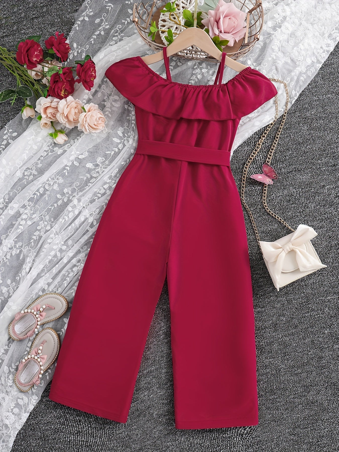 Girls Ruffle Cami Romper Belt Off Shoulder Նրբագեղ ամառային գարուն աշուն մանկական հագուստ