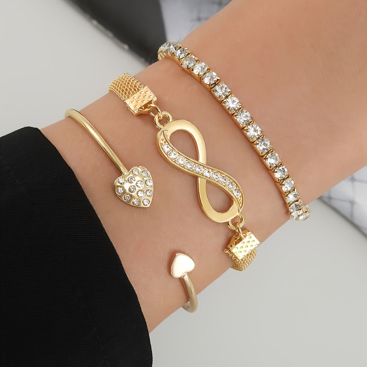 3pcs Vintage Elegant Rhinestone Bracelet Set, Adjustable Heart & Infinity Symbol Bangle, Women'S Alloy Open Cuff, Daily & Gift Occasion, All-Season Jewelry Collection