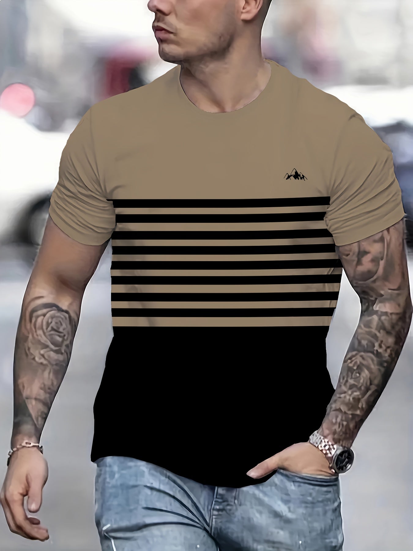 Stylish Men'S Top, a Short-Sleeve T-Shirt with Vibrant 3D Print Striped Patchwork And a Round Neck, Perfect for Summer Street Fashion And Casual Sports.