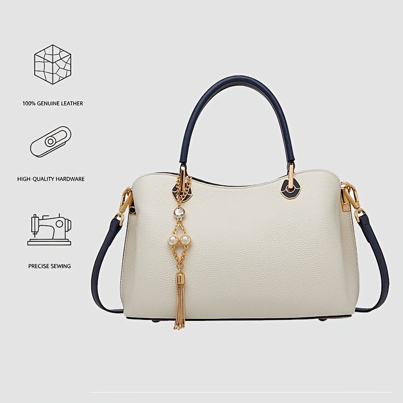 Elegant Large-Capacity Women's Leather Tote Bag with Tassel