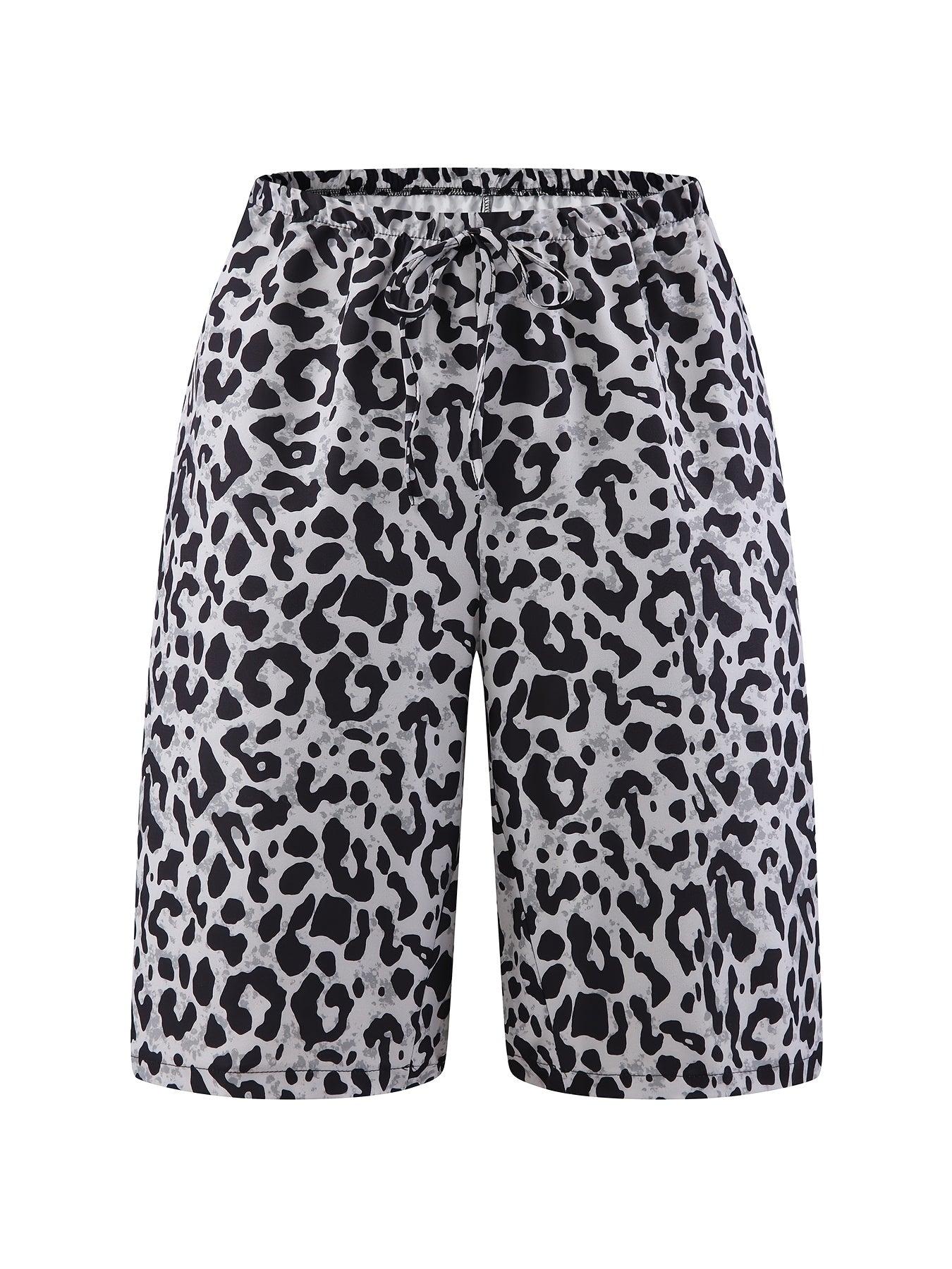 Կանացի Plus Size Leopard Print լայնածավալ լողափնյա շորտեր - պատահական արձակուրդային ոճ, բարձրահարկ արհեստական թելերով, թեթև պոլիեսթեր, սև և մոխրագույն կենդանիների նախշ, կատարյալ ամառային զբոսանքների համար, ծովափնյա շորտեր | Արևադարձային Վակատի