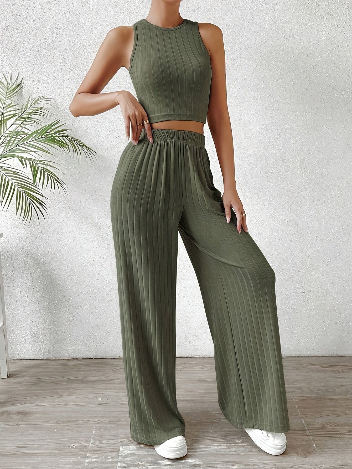 Solid Ribbed Elegant Pants Set, Crew Neck Sleeveless Slim Tank Top & Elastic Waist Wide Leg Pants Outfits, Women's Clothing