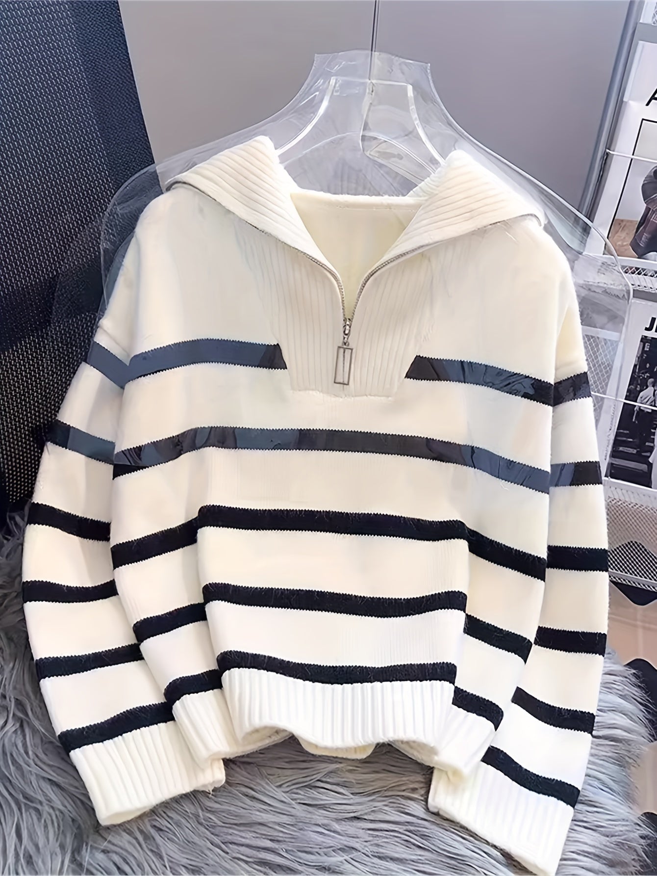 Elegant Striped Zip-Up Knit Sweater - Cozy Acrylic & Polyester Blend, Perfect for Fall/Winter, Cozy Sweater