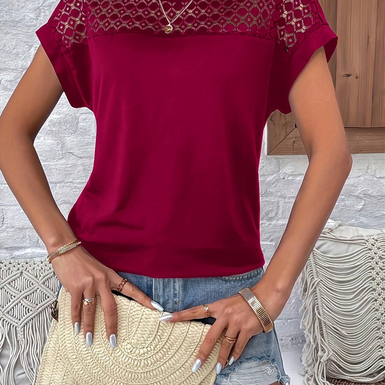 Vacation Style Lace Batwing Short-Sleeve T-Shirt