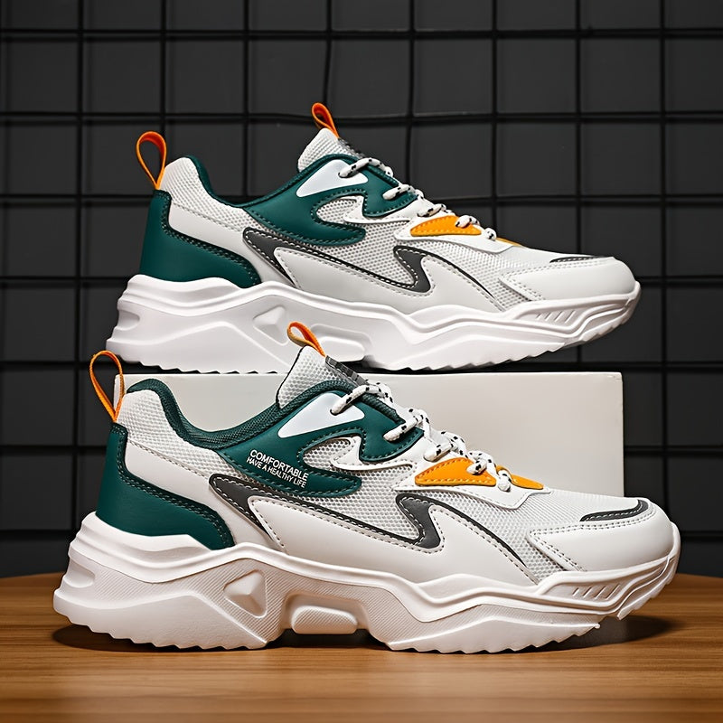 Men's Fashion Sneakers 2024 New Preppy Sports Casual Shoes - Low Top Mesh PU Lace-Up Thick Sole Running Dad Shoes for All Seasons - EVA Outsole for Hiking, Outdoor Activities Daily Wear