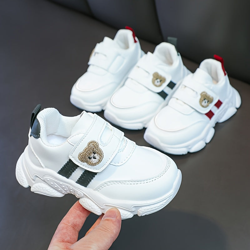Girls' White Sneakers - Cute Cartoon Bear Design, Casual Low-Top Style with Hook-and-Loop Fastener, Comfortable Microfiber Synthetic Upper, All-Season Wear for Youngsters, Everyday Youngsters's Shoes | Playful Youngsters Snea