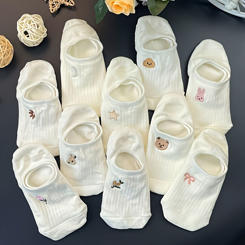 10pcs Cute Animal & Floral No-Show Socks for Women - Breathable, Soft Polyester Blend, Invisible Boat Socks with Non-Slip Heel, Perfect for Spring & Summer, Cute Socks