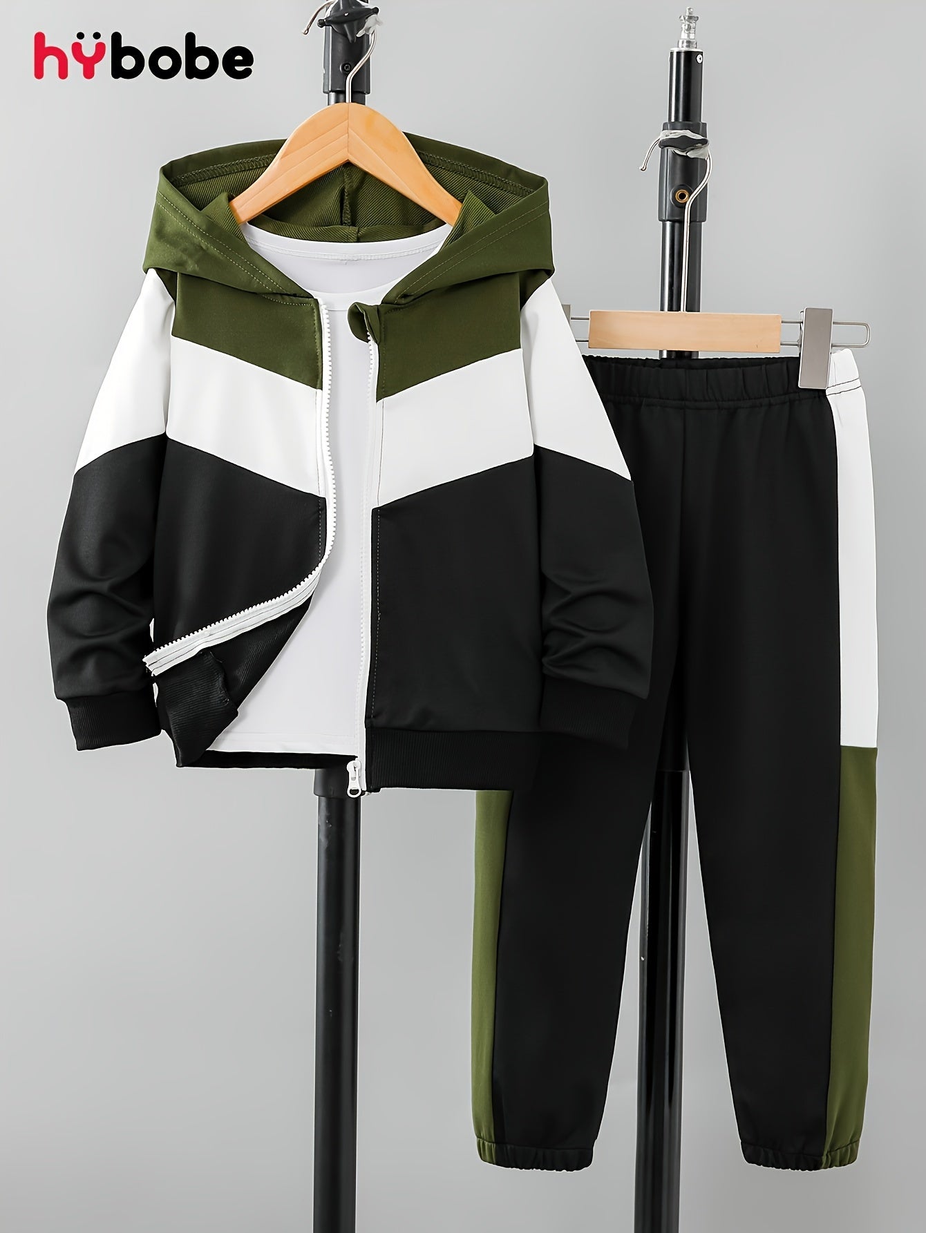 Boys' Autumn American Retro Casual Multi-Color Patchwork Hooded Long Sleeve Jacket & Pants Two-Piece Set