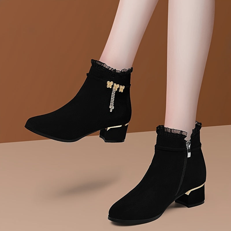 Women's Butterfly Decor Chunky Heel Boots, Fashion Side Zipper Short Boots, Stylish Ankle Boots