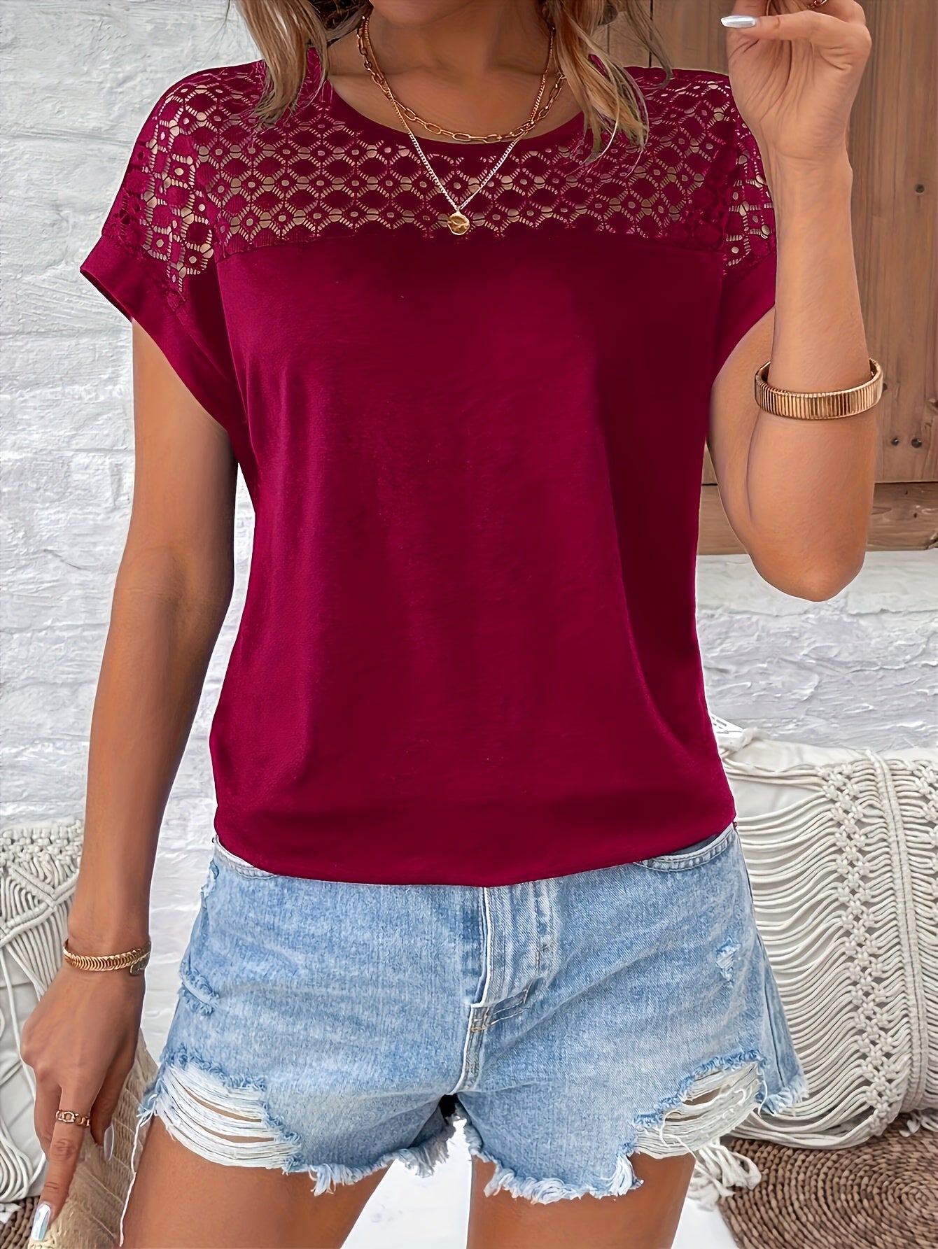 Vacation Style Lace Batwing Short-Sleeve T-Shirt