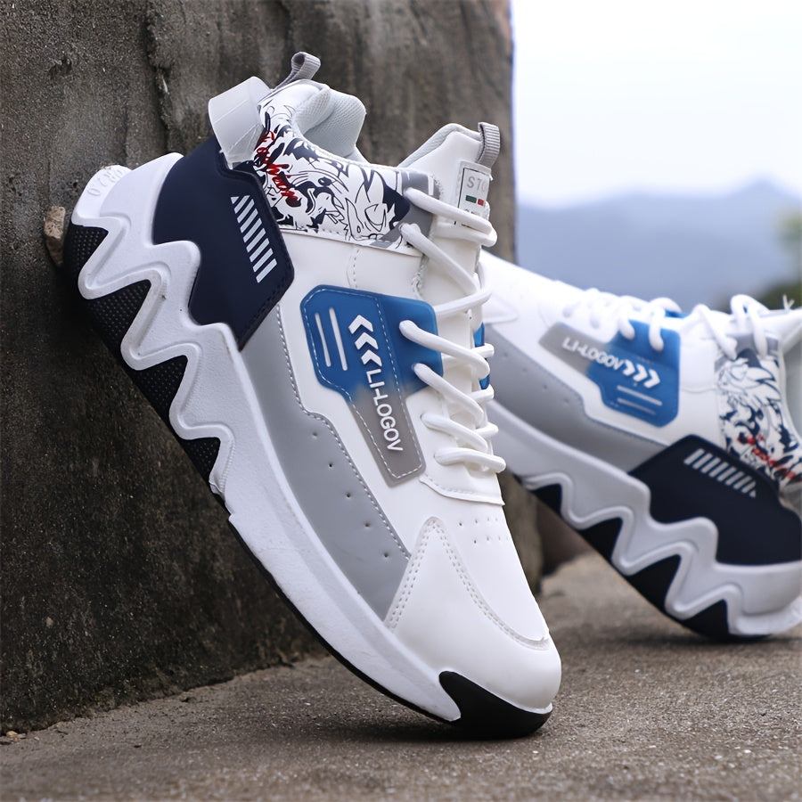 Men's High-Top Basketball Sneakers, Preppy Street Style, Solid Color with Cartoon Stripes, All-Season Lace-Up Sports Shoes, Faux Upper, Fabric Inner, Rubber Sole, for Running, Hiking Casual Wear, Outdoor Activities Shoes