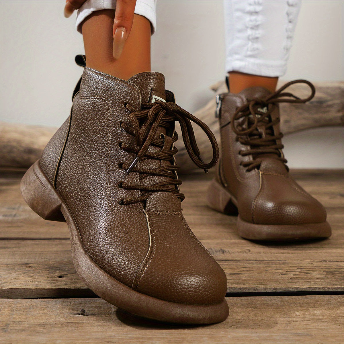 Women'S British Style Ankle Boots - Brown Faux Cover, Slimming Lace-Up Design, Lace-Up with Side Zipper, Comfortable Fabric Lining, Durable TPU Sole, Perfect for Spring, Autumn & Winter