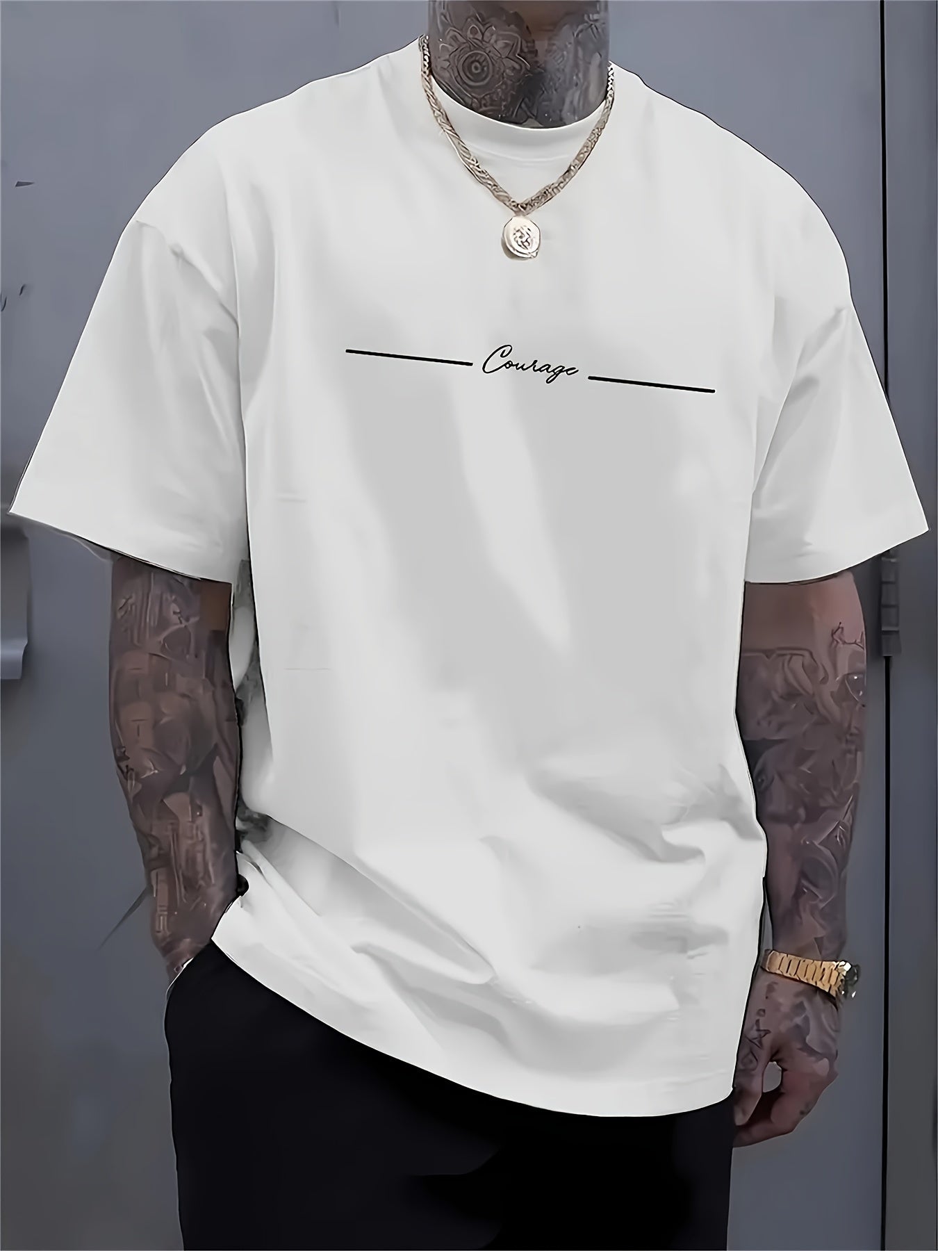 Men'S Casual Crew Neck T-Shirt with Trendy English Print, 95% Polyester 5% Elastane, Slight Stretch Knit Fabric, Regular Fit, Summer Wear - MBDMBD