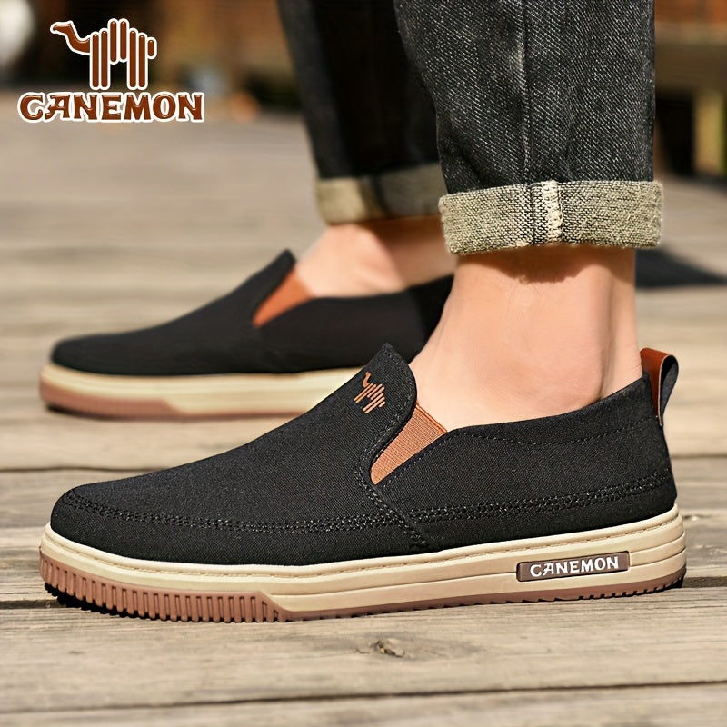 CANEMON Men's Slip-On Canvas Sneakers - Breathable, Non-Slip Soft Sole Casual Shoes with Striped Design, Comfortable All-Season Wear for Outdoor & Everyday Use
