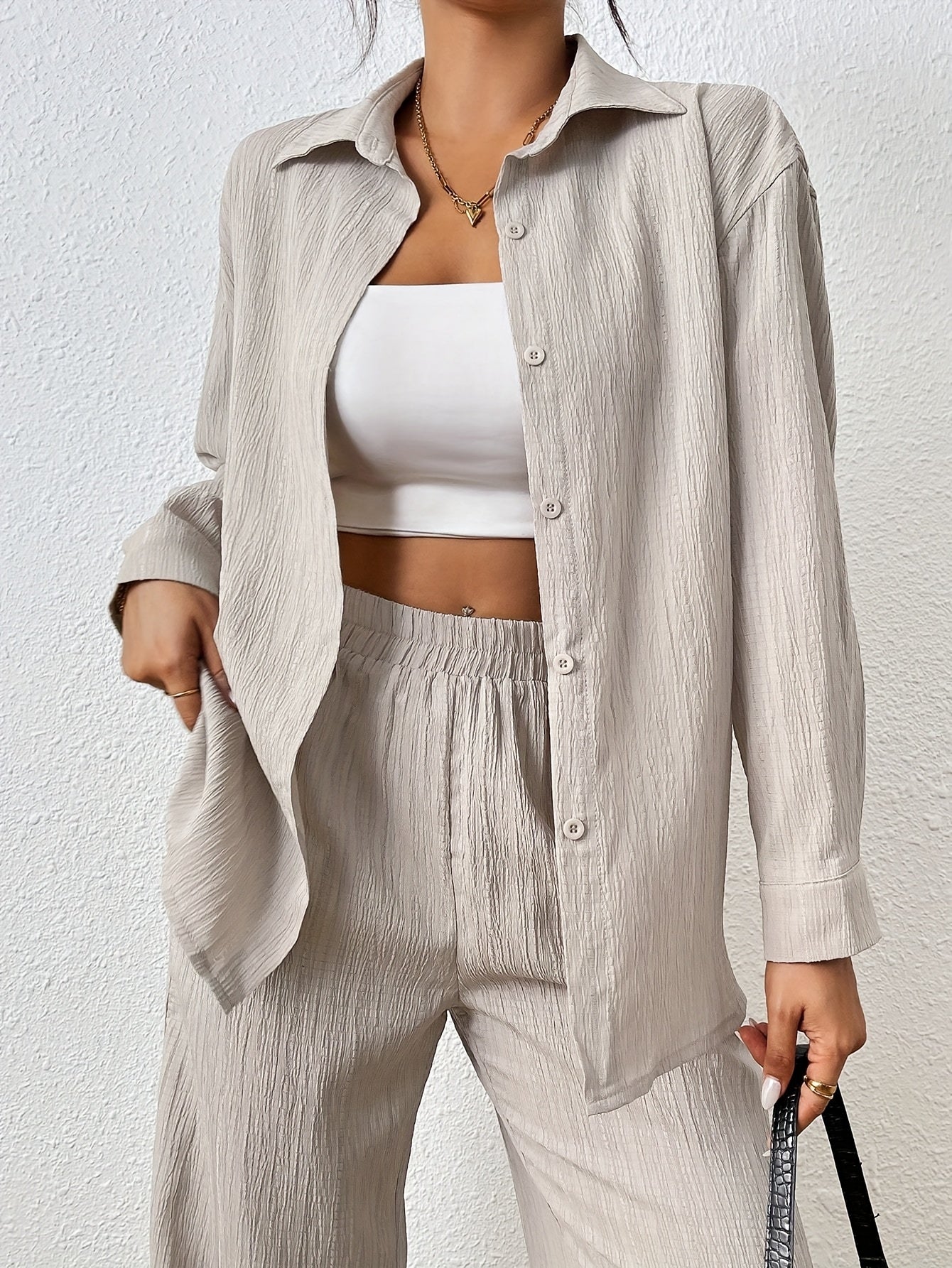 2pcs Women's Spring Autumn Casual Solid Color Long Sleeve Shirt and Pants Set