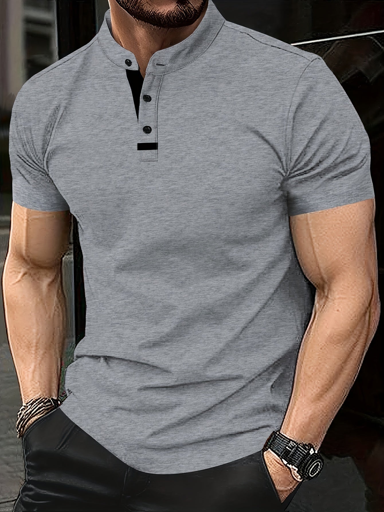 Men's Casual Red Shirt - Short Sleeve, Round Neck with Button Detail, Lightweight Polyester Blend, Ideal for Golf & Casual Attire, Machine Washable