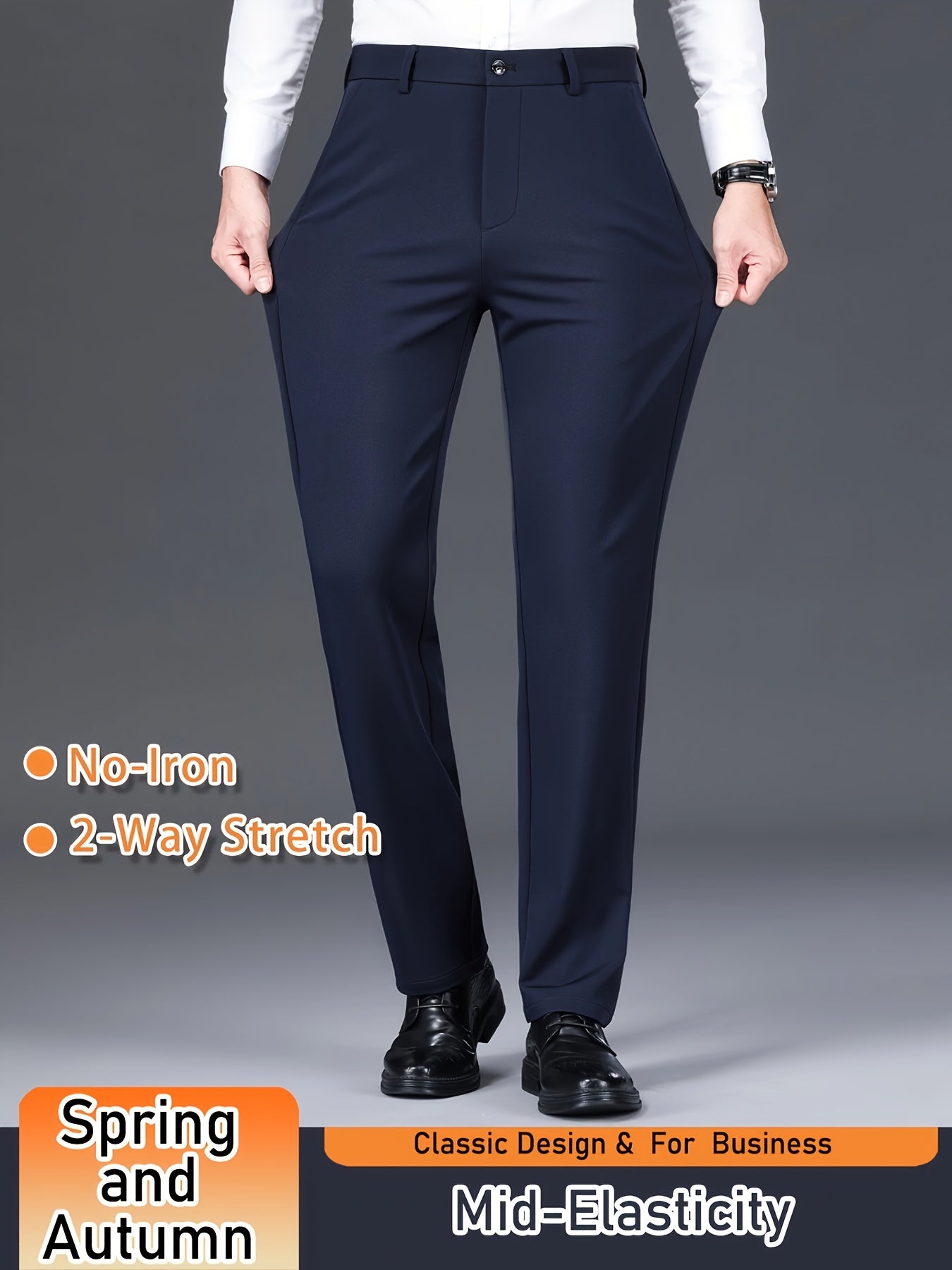 Men's Solid Color Dress Pants, Classic Design Slightly Stretch Formal Dress Pants For Business Occasions, Spring And Fall