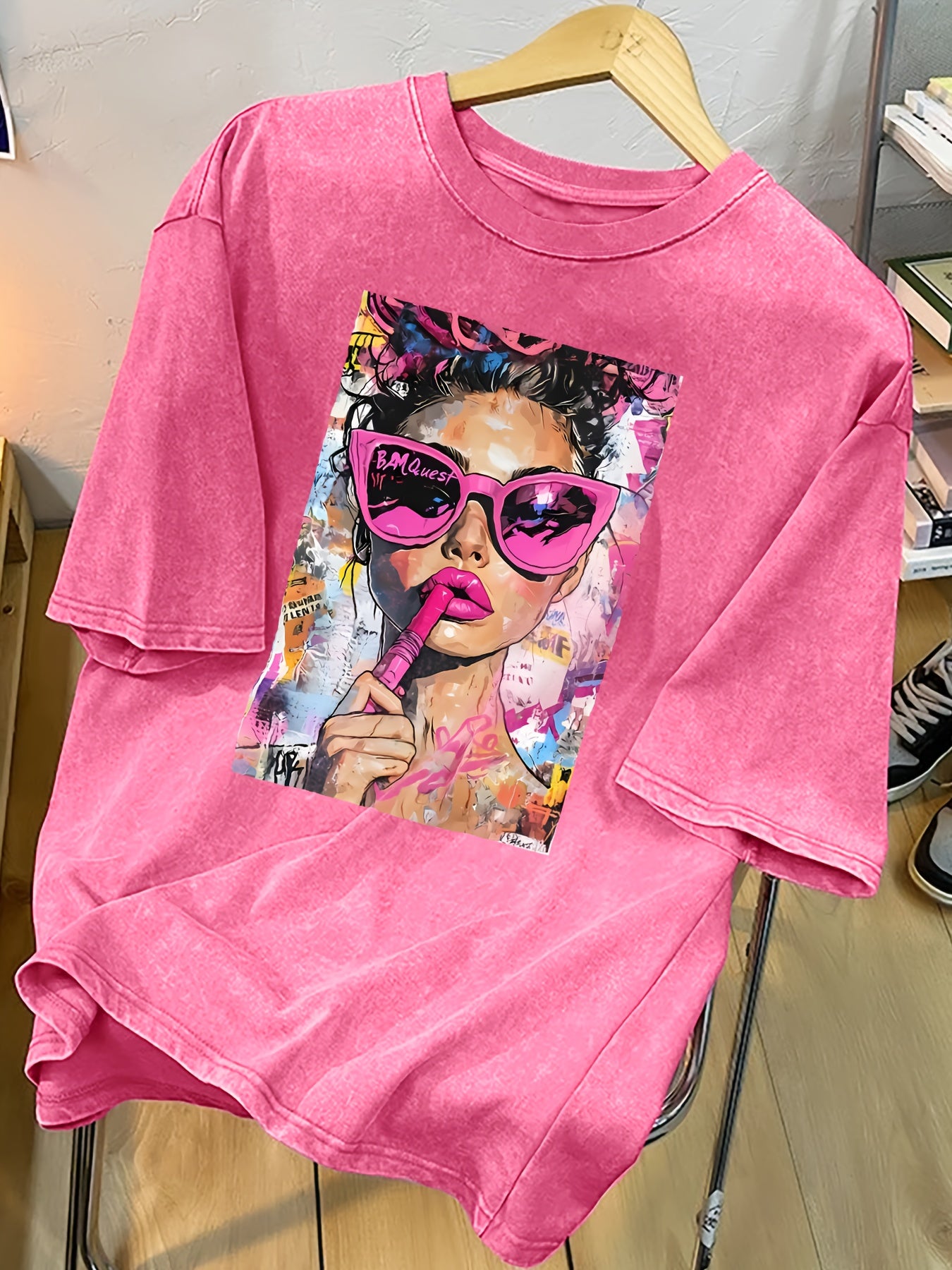 Women's Vintage Washed Cotton Blend T-Shirt with Bold Pop Art