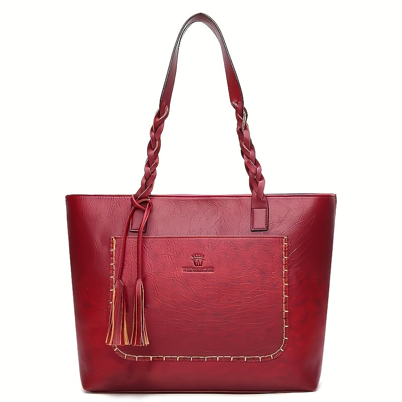 Elegant Large-Capacity Women’s PU Tote Bag with Tassel