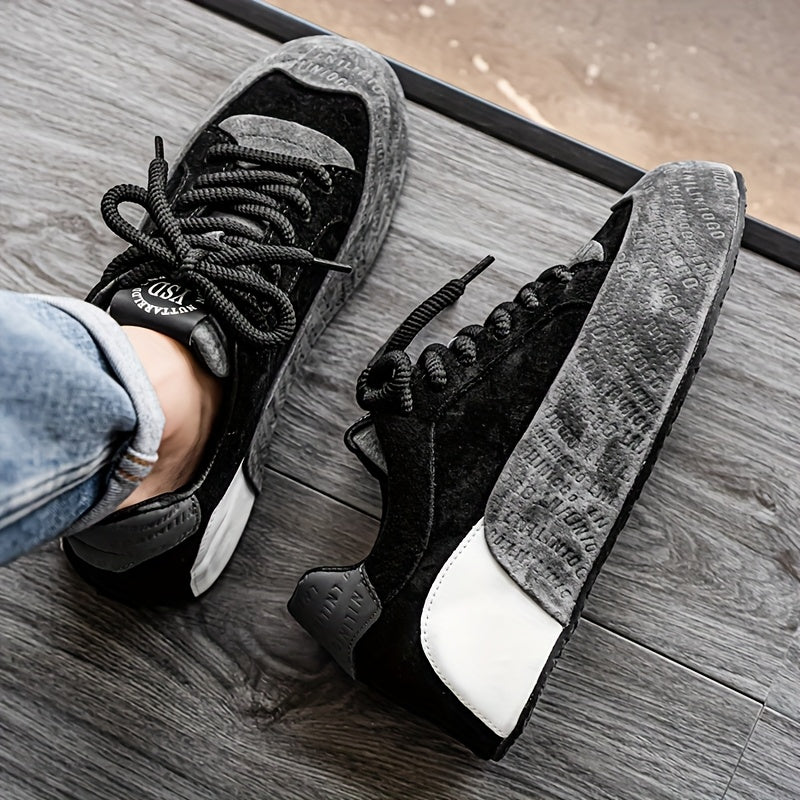 Men's Lightweight Breathable Casual Sneakers - Thick Cushioned Sole, Lace-Up Low-Top Design, Durable PU PVC Construction for All-Season Outdoor, Gym, Running Daily Wear - Black, Outdoor Walking Shoes, Chunky Sole, Comfort