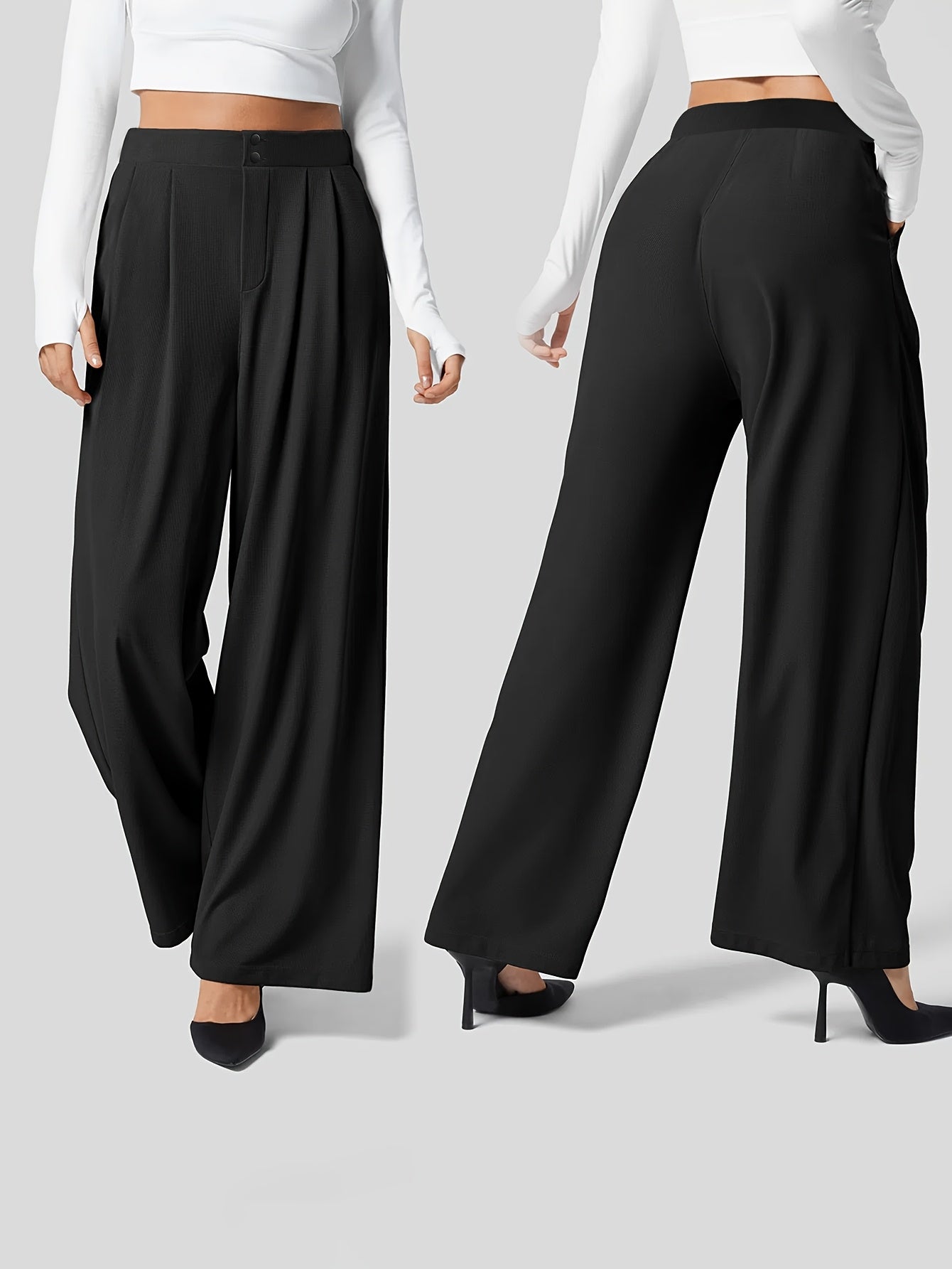 Solid Color Straight Leg Pants, Elegant High Waist Button Front Pants For Work & Office, Women's Clothing