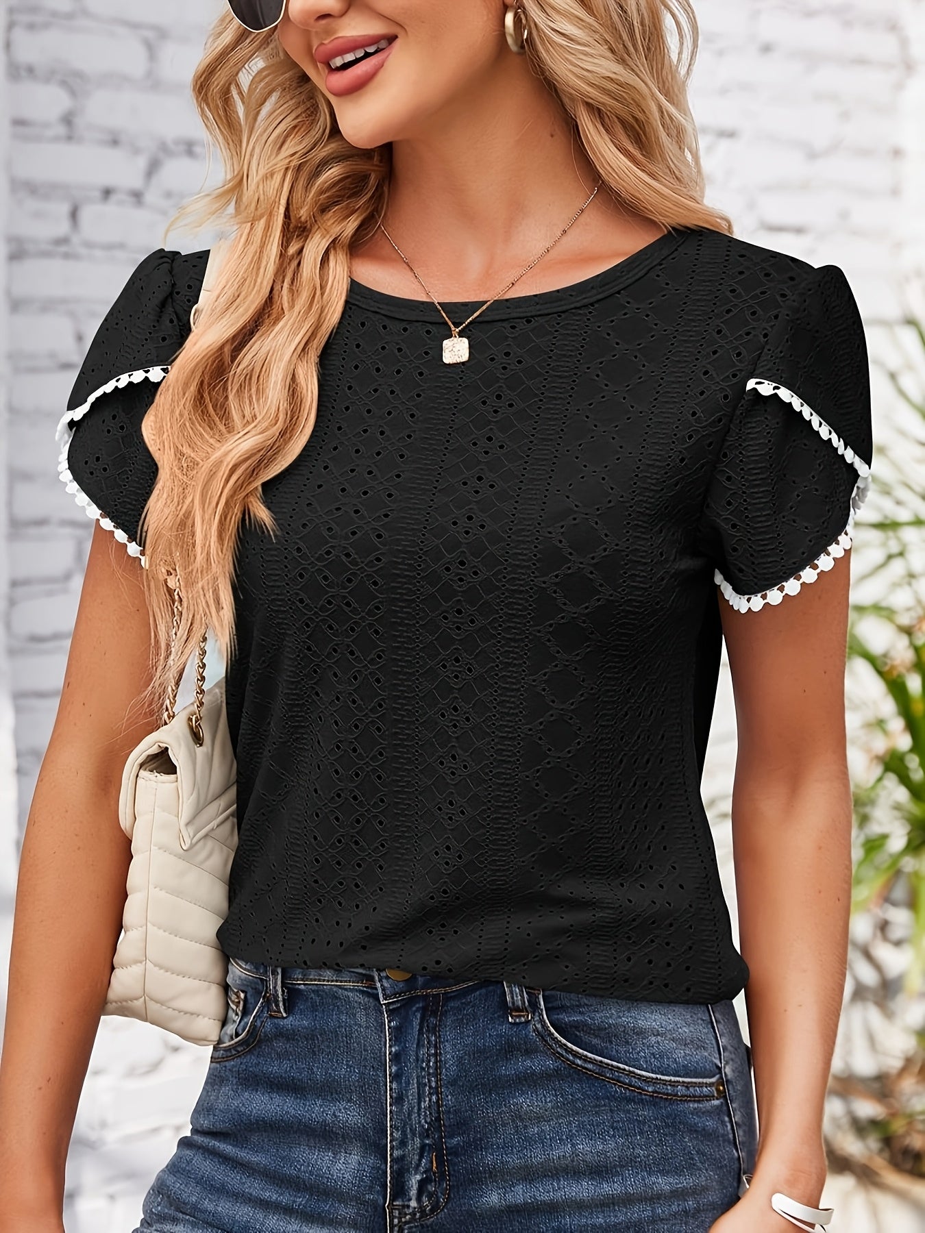 Women'S Elegant Blouse - Soft Pink Round Neck T-Shirt with Floral-like eyelet details, Breathable Loose Fit Top for Casual & Formal Outfits - Everyday Summer Shirt for Women, Ladies T Shirts, Versatile Clothing, Feminine Styl