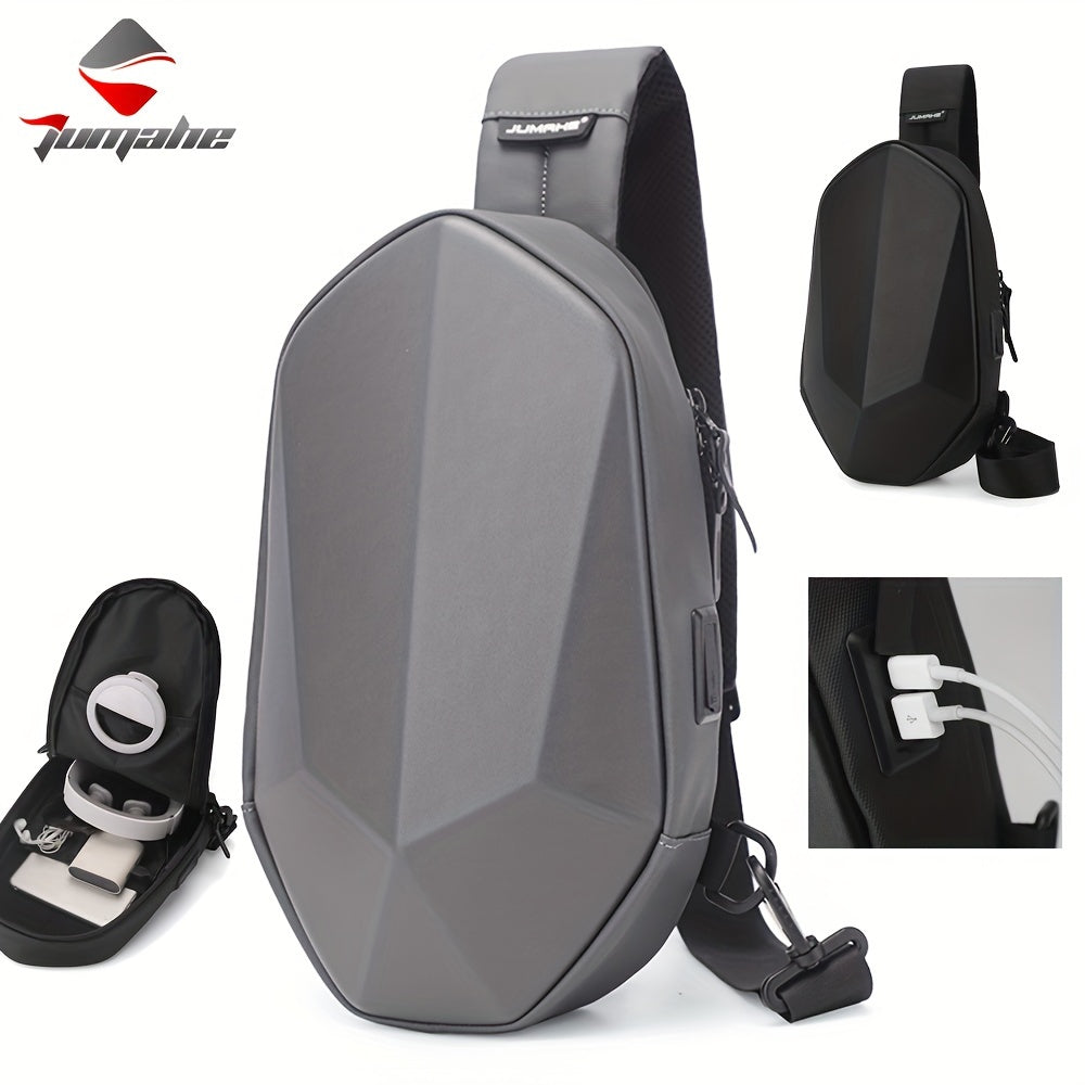 JUMAHE Men's USB Charging Crossbody Bag with Dual Power Ports, Hexagonal Geometric Design Street Style Shoulder Bag - Premium Durable Fabric, Adjustable Strap Zipper Closure for Daily Commute (Black/Grey), Bags for Travel,