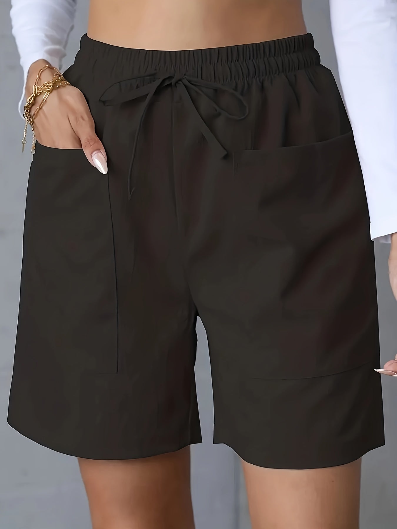 Light Pink Women's Casual High-Waist Wide-Leg Shorts with Tie Drawstring - Polyester, Non-Stretch, Smooth Texture, Summer Ready with Pockets