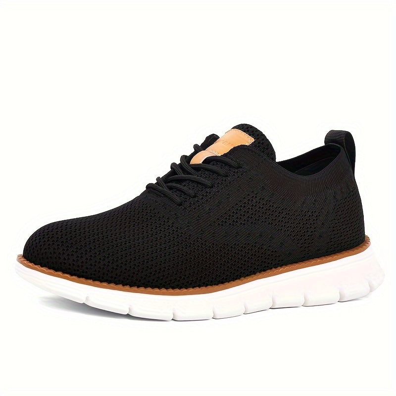 Men's Breathable Knit Business Casual Shoes - Beige with Brown Accents, Lace-Up, EVA Sole, Round Toe, Versatile for All Seasons, Dressy Shoes