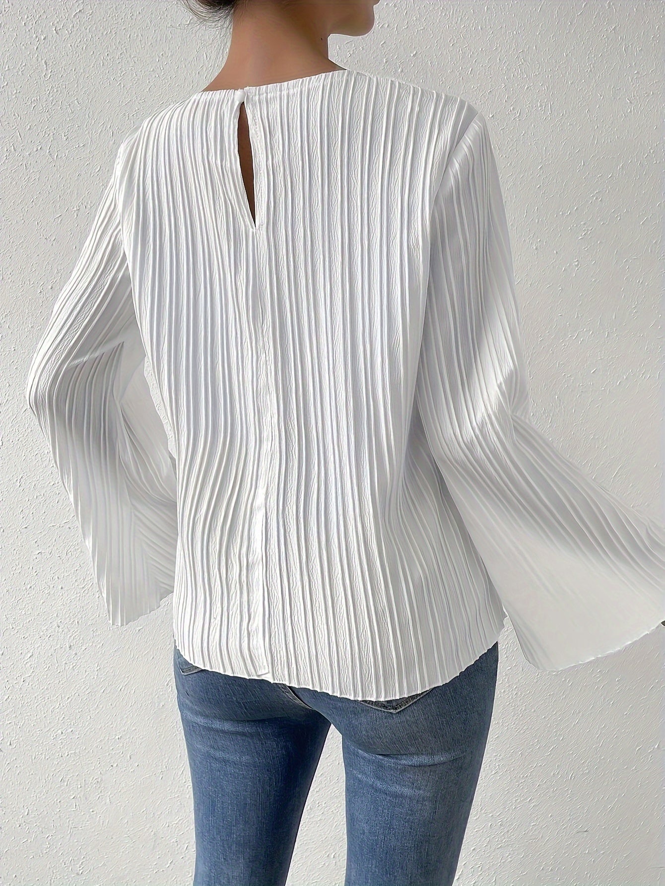 Women's Trendy Bell Sleeve Ribbed Blouse - White Crew Neck, Flared Sleeves, Casual Spring/Summer Top, Breathable Polyester Blend, Perfect for Casual Attire, Versatile Fashion | Ribbed Texture Shirt | Stretchable Fabric