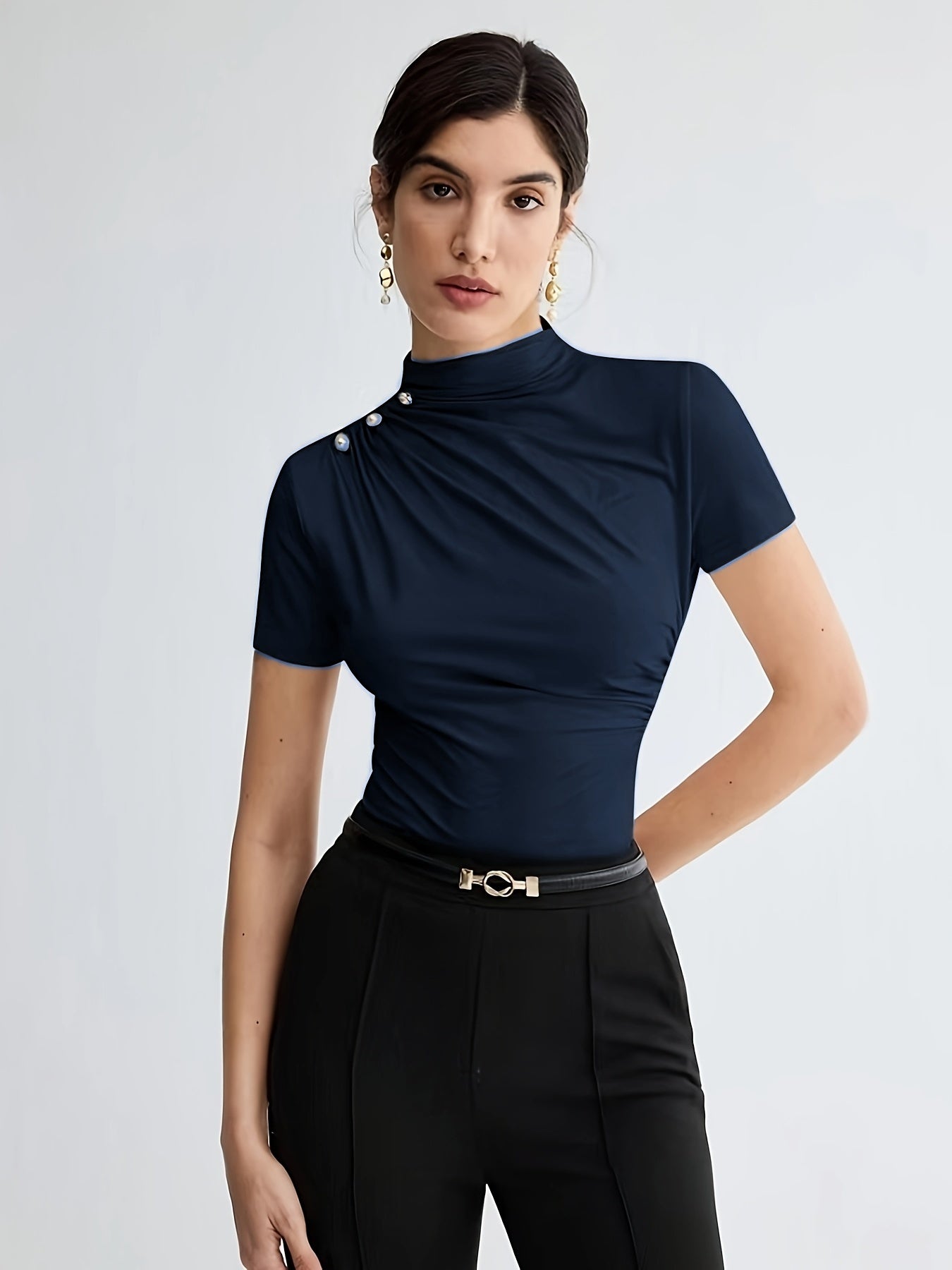 Elegant White Short Sleeve Turtleneck Top with Button Detail - Versatile Summer Blouse for Women, Casual Attire|Minimalist Style|Sleek Fit