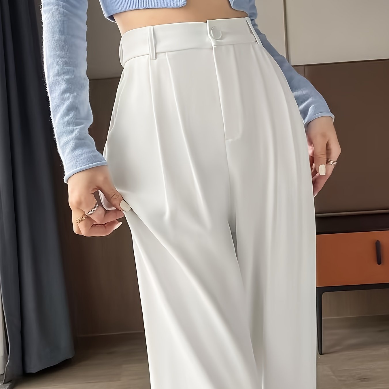 Women'S Elegant Solid Color Straight Leg Pants, Breathable, Comfortable, Fashion Commuter, Polyester, Elastic Waist, Loose Contour, 250g/㎡, for Adult, Spring/Summer/Fall