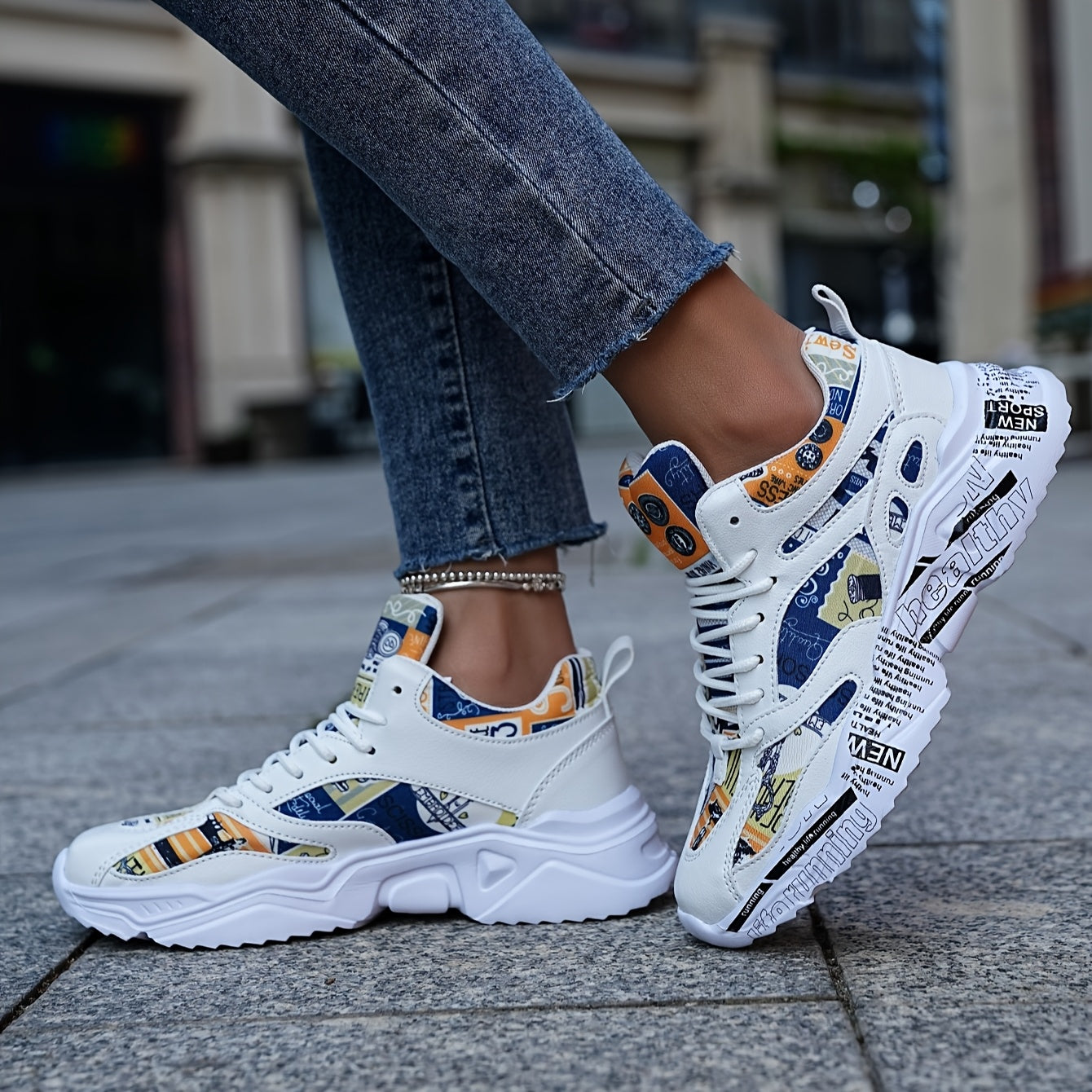 Men'S Women'S Graffiti Couple Sneakers, All-Season Lightweight Cushioned Running Shoes, Stability Pronation, Cartoon Pattern, MD Sole, EVA Insole, Polyurethane Upper, Fabric Lining