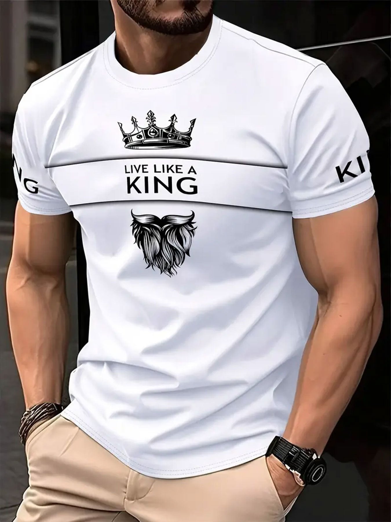 Men's Casual Short Sleeve T-Shirt - Full-Body Print "LIVE LIKE A KING" Crown Wolf Graphic, Breathable Summer Fabric, Round Neck Regular Fit Tee for Casual Attire, Comfortable Fit