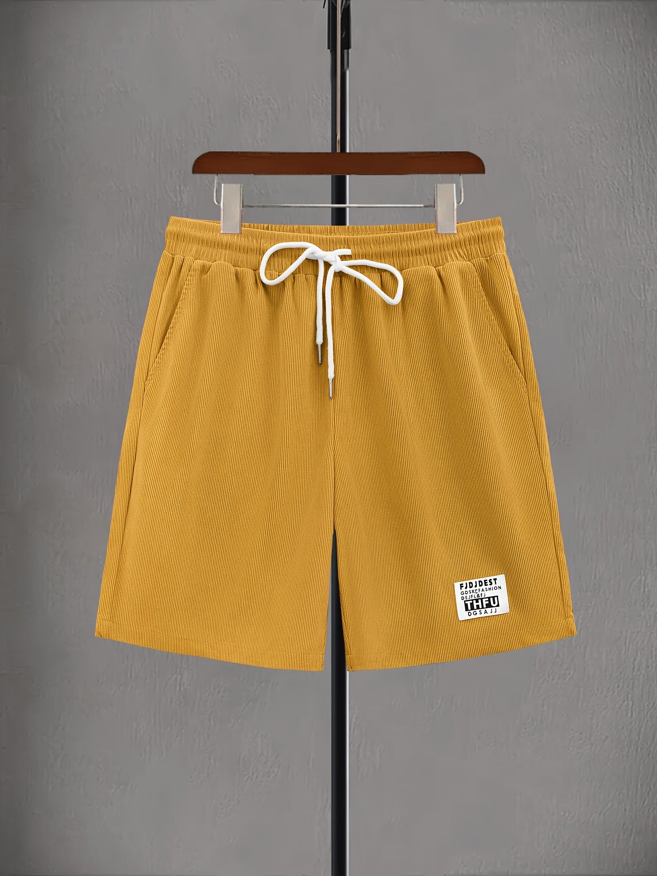 Men's Casual Corduroy Shorts with Drawstring Waist, Side Pockets, and "California" Print - Black, Polyester, All-Season Wear for Outdoor Activities