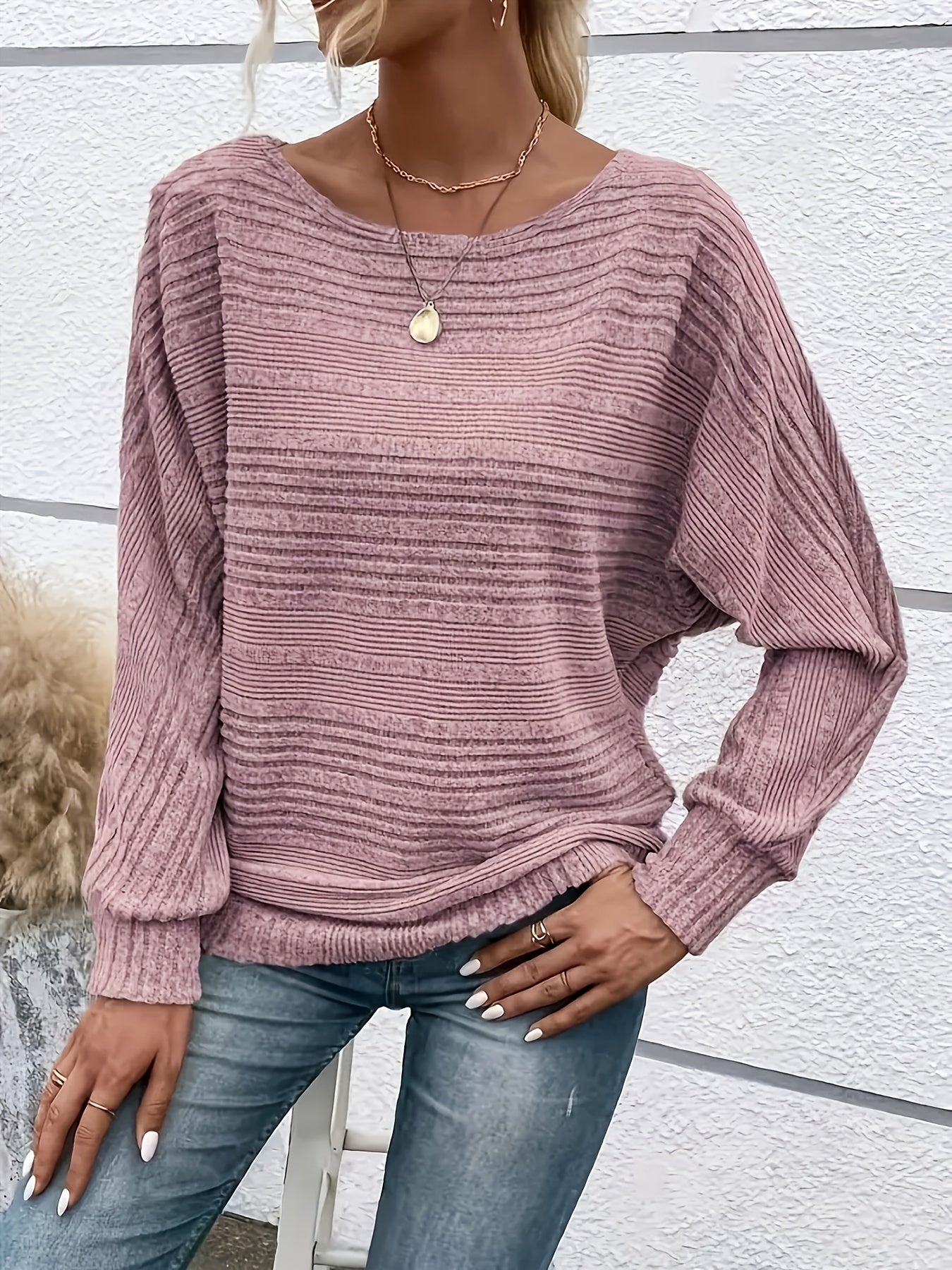 1 հատ Women'S Casual Crew Neck Knit T-shirt - պոլիեսթեր պինդ գույնի երկարաթև վերնաշապիկ գարնան/աշունի համար