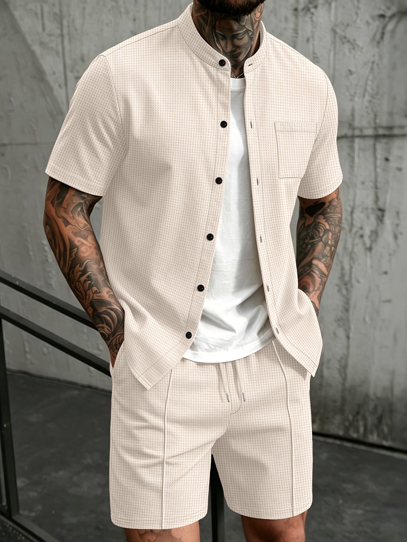 Men's Casual Mandarin Collar Short Sleeve Shirt and Drawstring Pants